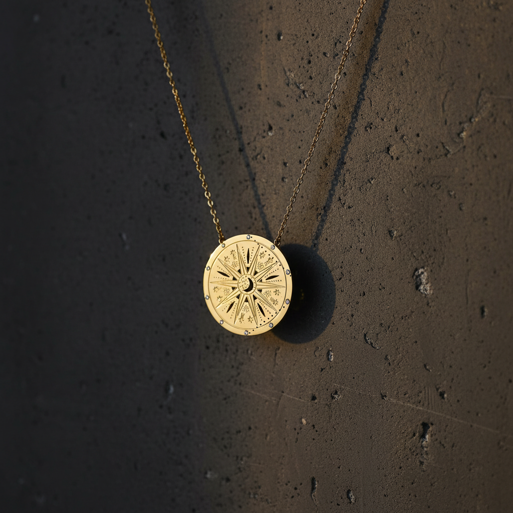 Celestial Star Compass Necklace Dark Textured Background