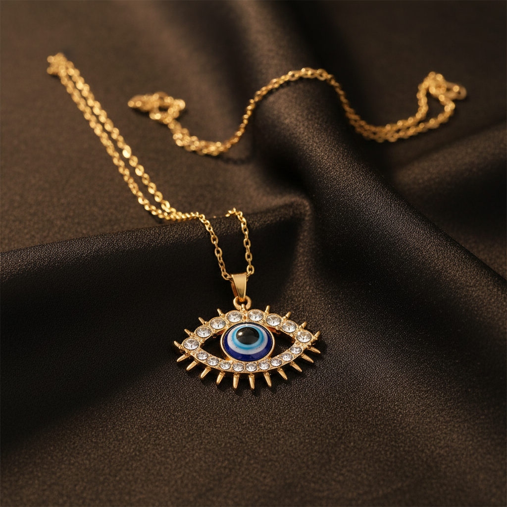 Evil Eye Necklace Natural Linen Background