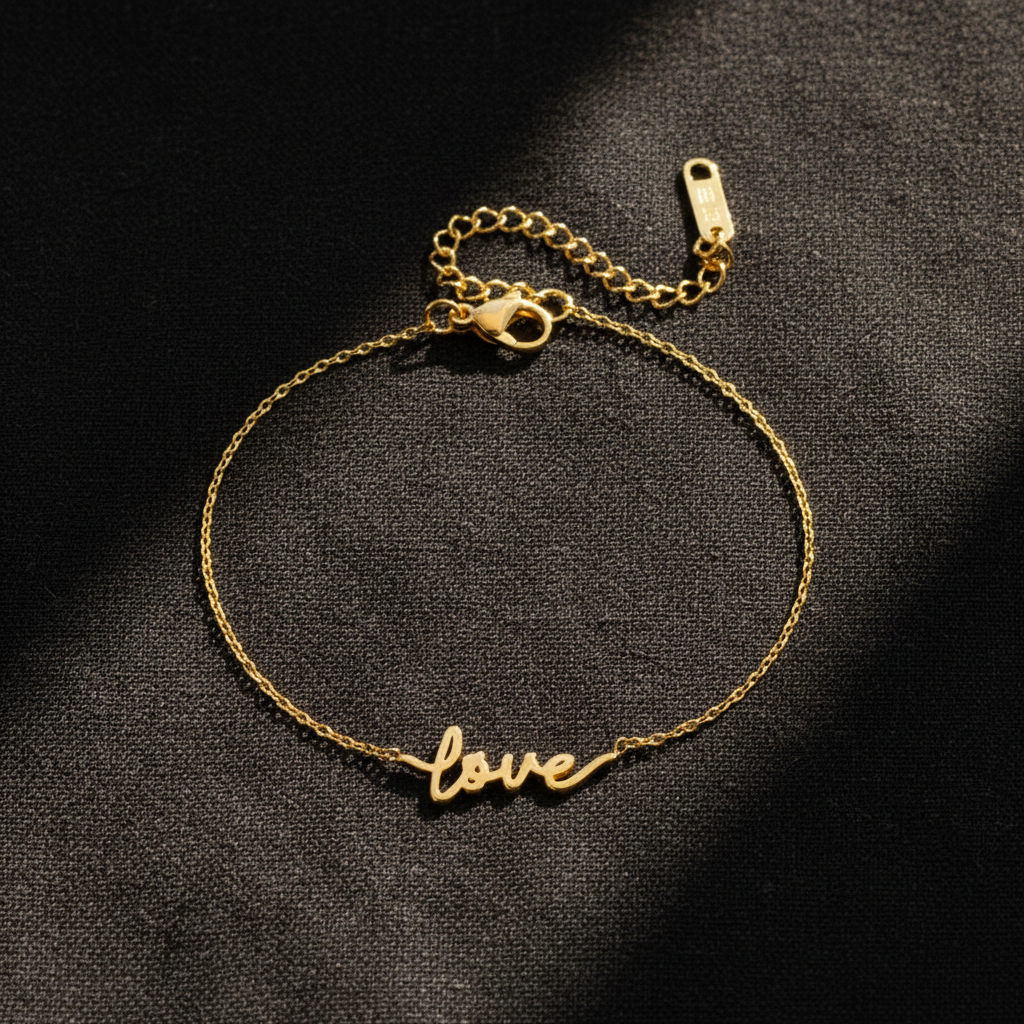Gold Love Script Bracelet Natural Background