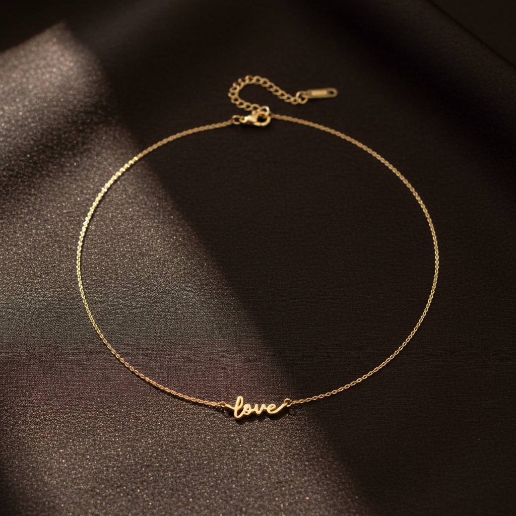 Gold Love Script Necklace Flat Lay Natural Background