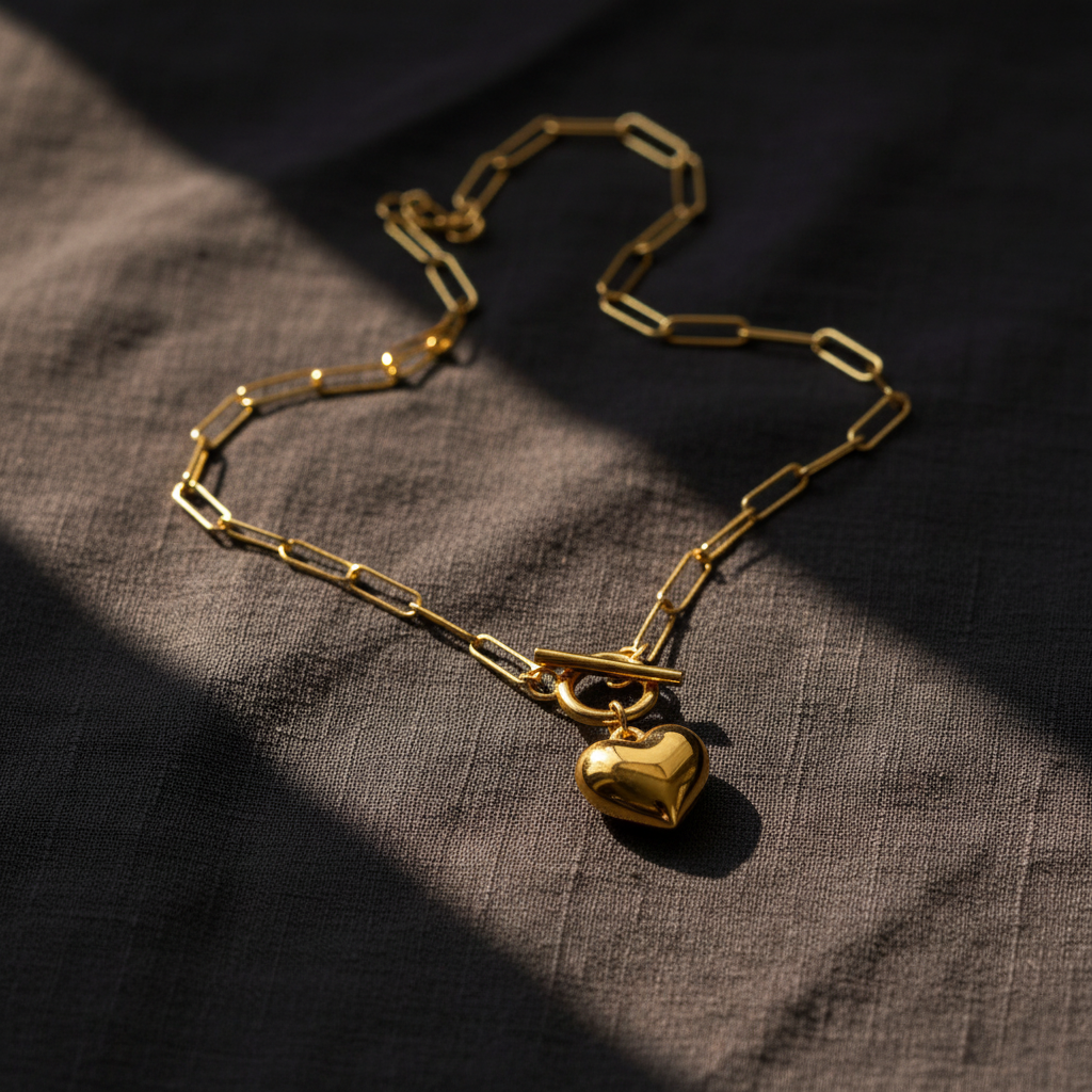Gold Puffy Heart Paperclip Chain Necklace Natural Background