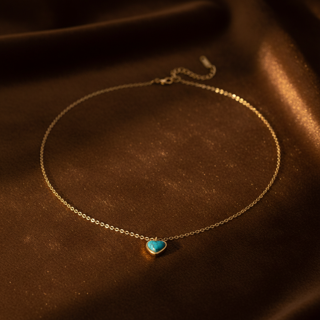 Turquoise Heart Necklace Dark Golden Background
